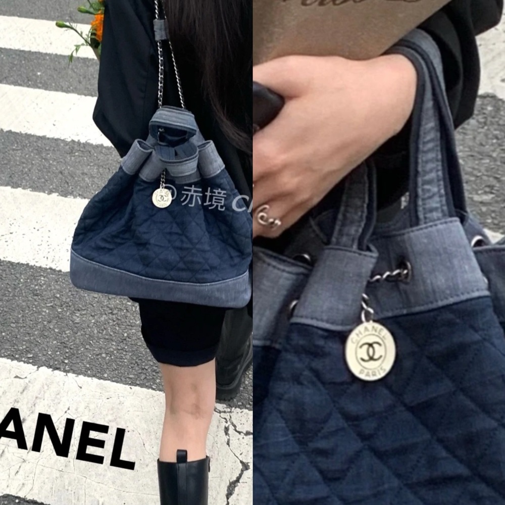 RARE！Chanel 2014 denim 2 tone medallion charm back pack bag/tote bag